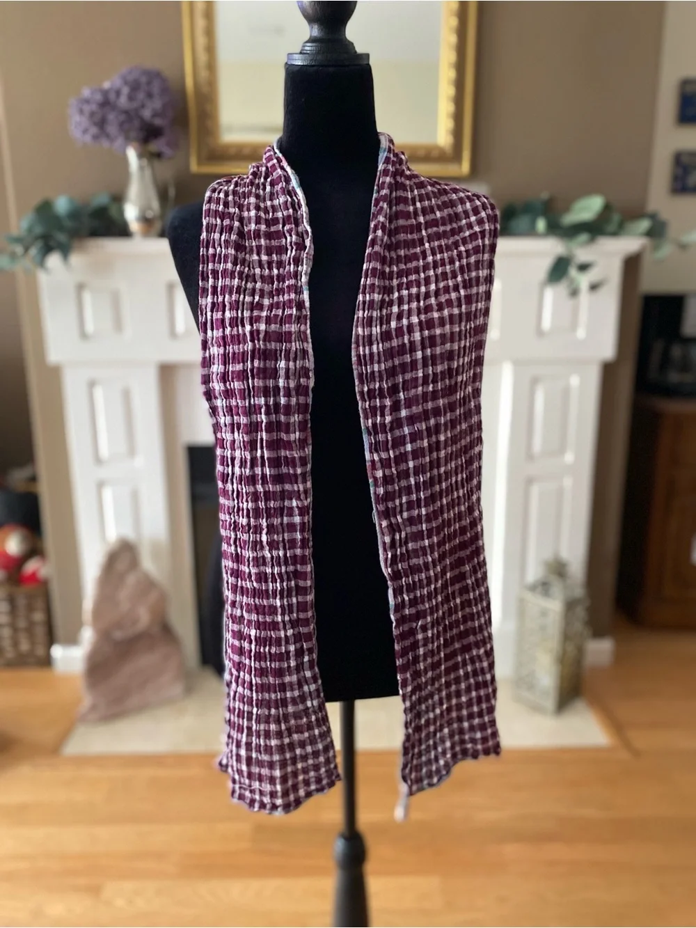 Plaid Lightweight Reversible Scarf in Maroon and Blue - Women Accessories